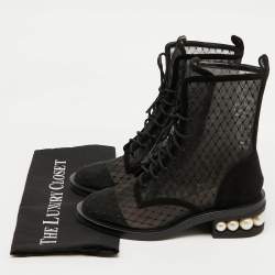 Nicholas Kirkwood Black Mesh and Suede Casati Pearl Ankle Length Boots Size 38
