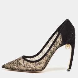 Nicholas Kirkwood Black/Beige Suede and Lace Pearl Embellished Pointed Toe Pumps Size 41
