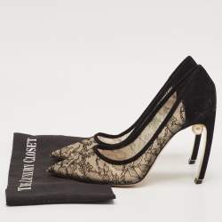 Nicholas Kirkwood Black/Beige Suede and Lace Pearl Embellished Pointed Toe Pumps Size 41