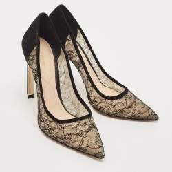 Nicholas Kirkwood Black/Beige Suede and Lace Pearl Embellished Pointed Toe Pumps Size 41