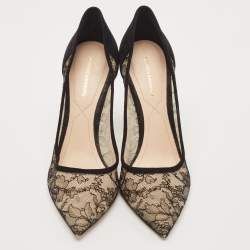 Nicholas Kirkwood Black/Beige Suede and Lace Pearl Embellished Pointed Toe Pumps Size 41
