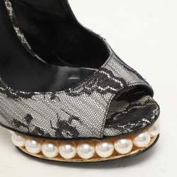 Nicholas Kirkwood Black Lace and Lurex Fabric Slingback Sandals Size 37