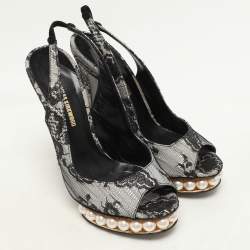Nicholas Kirkwood Black Lace and Lurex Fabric Slingback Sandals Size 37