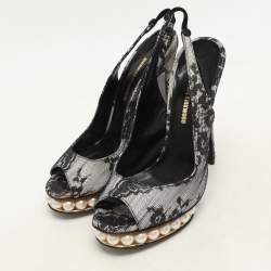Nicholas Kirkwood Black Lace and Lurex Fabric Slingback Sandals Size 37