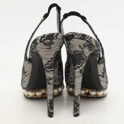 Nicholas Kirkwood Black Lace and Lurex Fabric Slingback Sandals Size 37