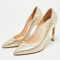 Nicholas Kirkwood Gold Texture Leather Pearl Embellished Pointed Toe Pumps Size 38.5