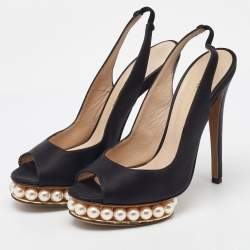 Pre Owned Nicholas Kirkwood Black Satin Pearl Platform Slingback Sandals Size 36