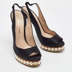 Pre Owned Nicholas Kirkwood Black Satin Pearl Platform Slingback Sandals Size 36