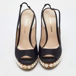 Pre Owned Nicholas Kirkwood Black Satin Pearl Platform Slingback Sandals Size 36