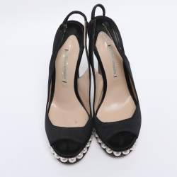 Pre Owned Nicholas Kirkwood Black Satin Pearl Embellished Platform Slingback Pumps Size 35.5