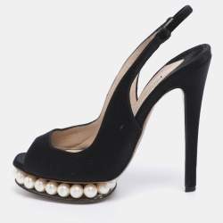Pre Owned Nicholas Kirkwood Black Satin Pearl Embellished Platform Slingback Pumps Size 35.5