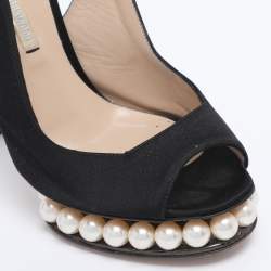 Pre Owned Nicholas Kirkwood Black Satin Pearl Embellished Platform Slingback Pumps Size 35.5