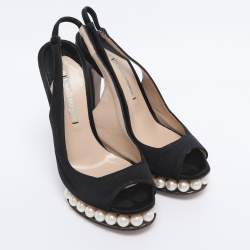 Pre Owned Nicholas Kirkwood Black Satin Pearl Embellished Platform Slingback Pumps Size 35.5
