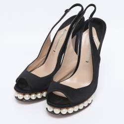 Pre Owned Nicholas Kirkwood Black Satin Pearl Embellished Platform Slingback Pumps Size 35.5