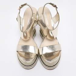 Pre Owned Nicholas Kirkwood Metallic Gold Foil Leather Wedge Espadrille Ankle Strap Sandals Size 38.5 