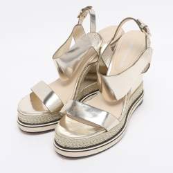 Pre Owned Nicholas Kirkwood Metallic Gold Foil Leather Wedge Espadrille Ankle Strap Sandals Size 38.5 