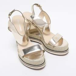 Pre Owned Nicholas Kirkwood Metallic Gold Foil Leather Wedge Espadrille Ankle Strap Sandals Size 38.5 