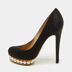 Pre Owned Nicholas Kirkwood Black Satin Faux Pearl Casati Platform Pumps Size 37