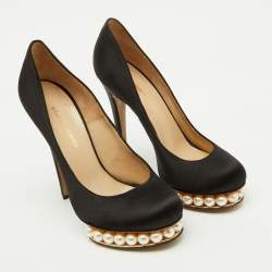 Pre Owned Nicholas Kirkwood Black Satin Faux Pearl Casati Platform Pumps Size 37