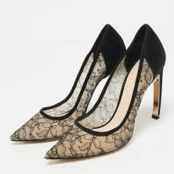 Pre Owned Nicholas Kirkwood Black/Beige Suede and Lace Pearl Embellished Pointed Toe Pumps Size 40
