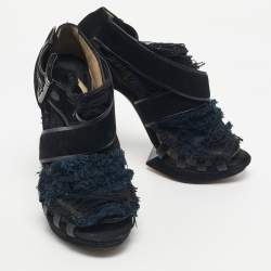 Pre Owned Nicholas Kirkwood Black/Blue Suede And Fabric Criss Cross Platform Booties Size 40