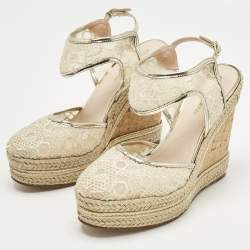 Pre Owned Nicholas Kirkwood Gold Lace and Leather Platform Wedge Ankle Strap Espadrilles Size 39.5