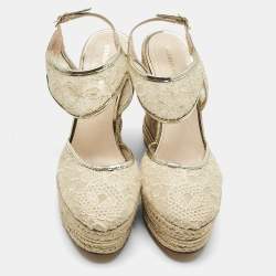 Pre Owned Nicholas Kirkwood Gold Lace and Leather Platform Wedge Ankle Strap Espadrilles Size 39.5