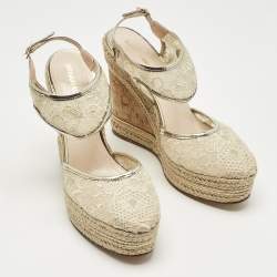 Pre Owned Nicholas Kirkwood Gold Lace and Leather Platform Wedge Ankle Strap Espadrilles Size 39.5