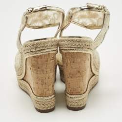 Pre Owned Nicholas Kirkwood Gold Lace and Leather Platform Wedge Ankle Strap Espadrilles Size 39.5