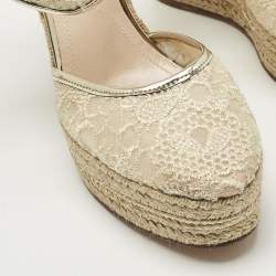 Pre Owned Nicholas Kirkwood Gold Lace and Leather Platform Wedge Ankle Strap Espadrilles Size 39.5