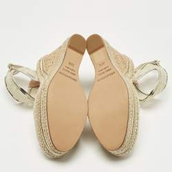 Pre Owned Nicholas Kirkwood Gold Lace and Leather Platform Wedge Ankle Strap Espadrilles Size 39.5