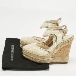 Pre Owned Nicholas Kirkwood Gold Lace and Leather Platform Wedge Ankle Strap Espadrilles Size 39.5