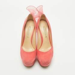 Pre Owned Nicholas Kirkwood Pink Suede Ruffle Trimmed Platform Pumps Size 37.5