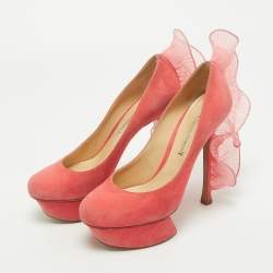 Pre Owned Nicholas Kirkwood Pink Suede Ruffle Trimmed Platform Pumps Size 37.5