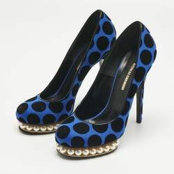 Pre Owned Nicholas Kirkwood Blue/Black Polka Dot Satin and Velvet Faux Pearl Casati Platform Pumps Size 39