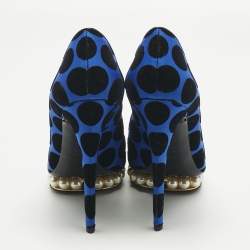 Pre Owned Nicholas Kirkwood Blue/Black Polka Dot Satin and Velvet Faux Pearl Casati Platform Pumps Size 39