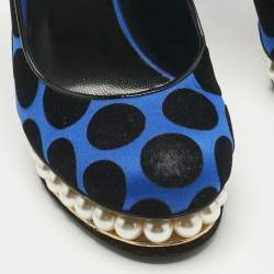 Pre Owned Nicholas Kirkwood Blue/Black Polka Dot Satin and Velvet Faux Pearl Casati Platform Pumps Size 39