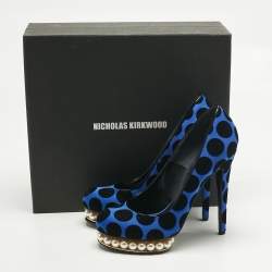 Pre Owned Nicholas Kirkwood Blue/Black Polka Dot Satin and Velvet Faux Pearl Casati Platform Pumps Size 39