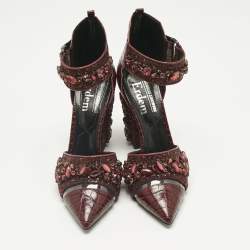 Pre Owned Nicholas Kirkwood Burgundy Croc Embossed and Crystal Embellished Pumps Size 36