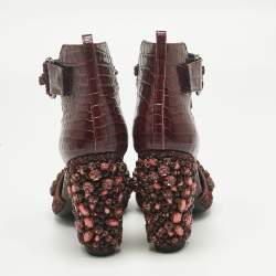 Pre Owned Nicholas Kirkwood Burgundy Croc Embossed and Crystal Embellished Pumps Size 36