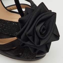 Pre Owned Nicholas Kirkwood Black Satin and Glitter Rose Platform Sandals Size 37