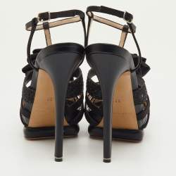 Pre Owned Nicholas Kirkwood Black Satin and Glitter Rose Platform Sandals Size 37