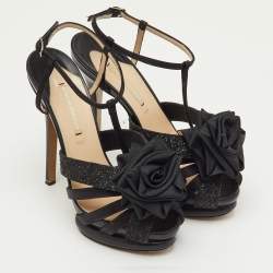 Pre Owned Nicholas Kirkwood Black Satin and Glitter Rose Platform Sandals Size 37