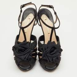 Pre Owned Nicholas Kirkwood Black Satin and Glitter Rose Platform Sandals Size 37