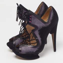 مملوكة مسبقًا Nicholas Kirkwood Size 38.5 Purple/Black Leather and Suede Peep Toe Pumps