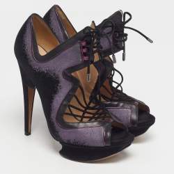 مملوكة مسبقًا Nicholas Kirkwood Size 38.5 Purple/Black Leather and Suede Peep Toe Pumps
