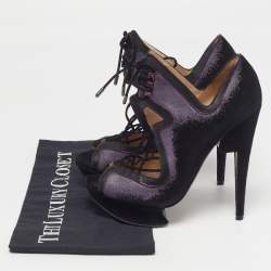 مملوكة مسبقًا Nicholas Kirkwood Size 38.5 Purple/Black Leather and Suede Peep Toe Pumps