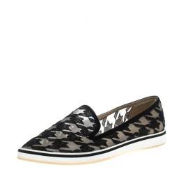 Nicholas Kirkwood Black Mesh and Fabric Alona Hound's Tooth Emroidered Pointed Toe Loafers Size 38