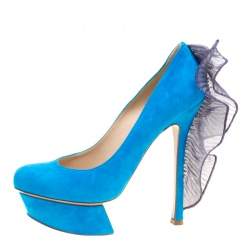 Nicholas Kirkwood Blue Suede Ruffle Trimmed Platform Pumps Size 38