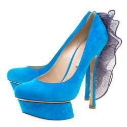 Nicholas Kirkwood Blue Suede Ruffle Trimmed Platform Pumps Size 38